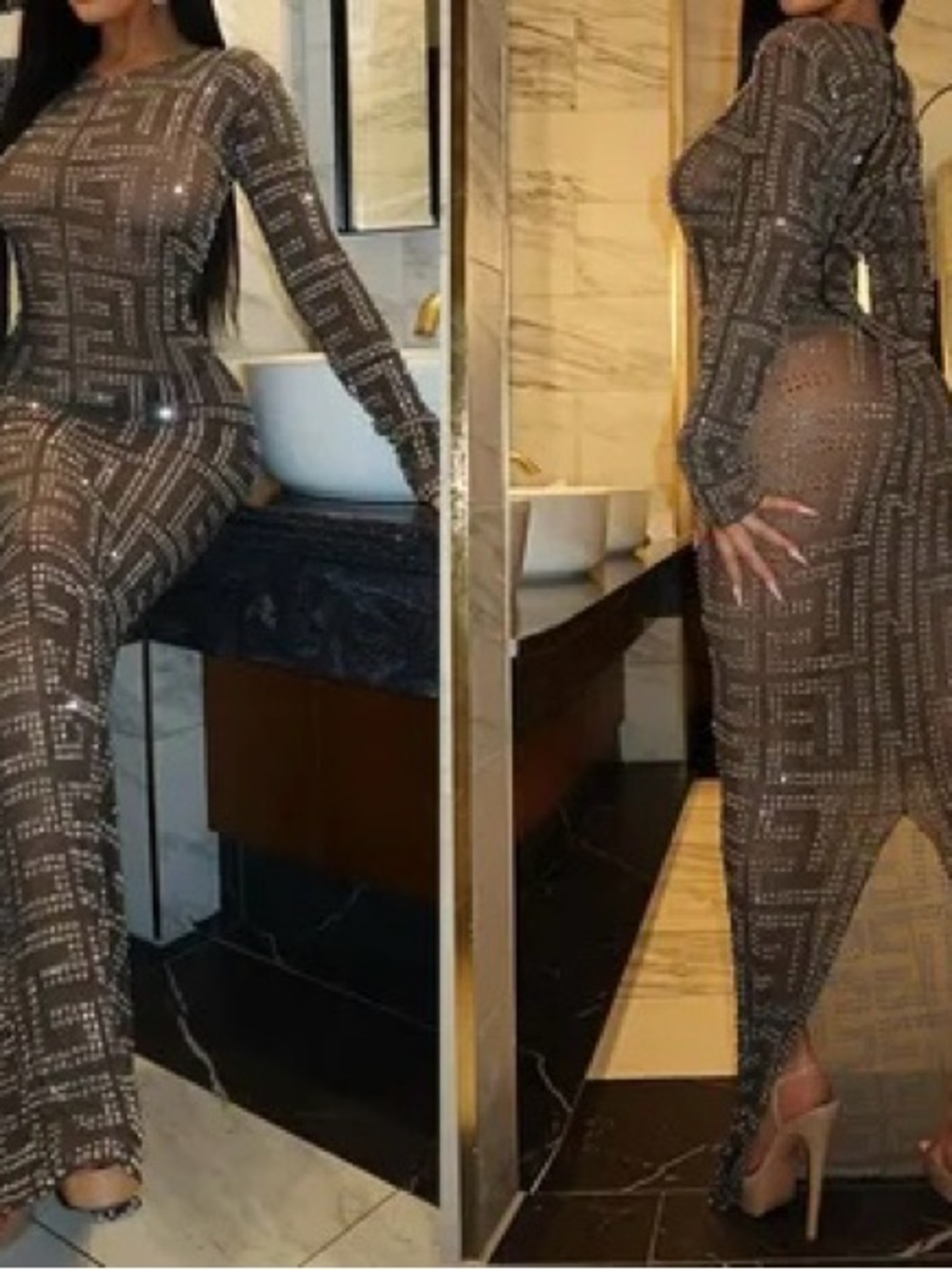 Geometric Rhinestone Sheer Mesh Long Sleeve Bodycon Maxi Dress